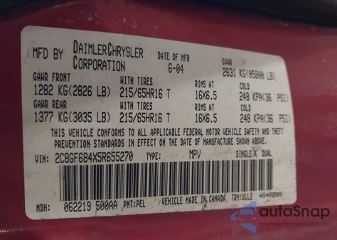 2005 Chrysler Pacifica Touring z USA, uszkodzony, nr VIN 2C8GF684X5R655270